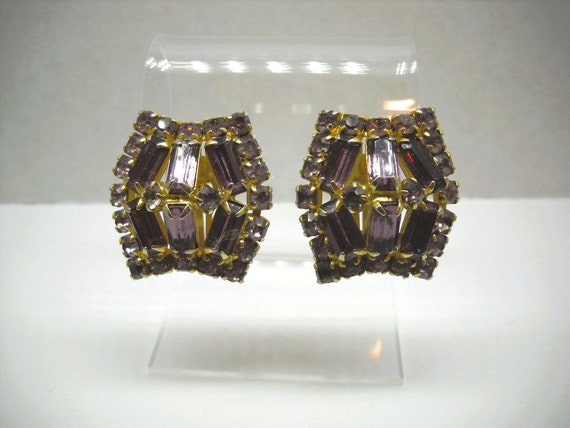Large Juliana Clip Earrings Purple Rhinestones Qu… - image 1