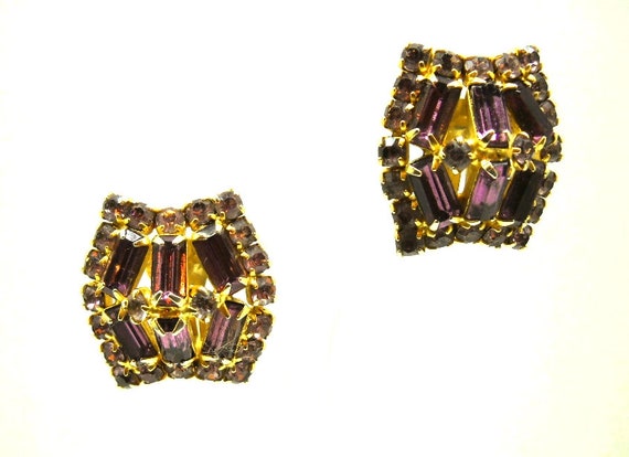 Large Juliana Clip Earrings Purple Rhinestones Qu… - image 4