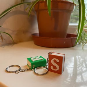 May include: Two miniature book-shaped keyrings. One is green with a white "R", the other is orange with a white "S". Both have silver key rings and chains. A potted plant is in the background.