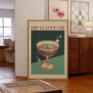 Póster de cóctel Sip Happens / Arte de pared de bar estético vintage / Impresión de bebida retro / Cita divertida sobre alcohol / Descarga digital