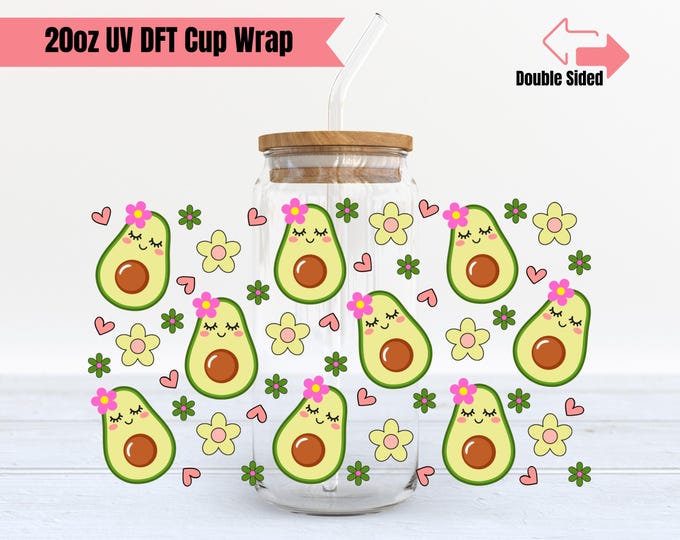 Double Sided UV DTF Transfer | Cute Avocado Cup Wrap | 20oz Glass Cup Warp | Ready to Apply, Durable, Waterproof, Ready To Ship Cup Wrap