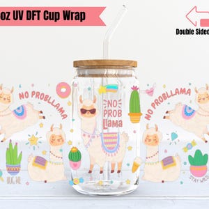 Cute Lama Cup Decal | Double Sided UV DTF Cup Wrap | 16oz Glass Cup Wrap | Ready to Apply, Durable, Waterproof, Ready To Ship Cup Decal