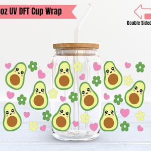 Cute Avocado Cup Decal | Double Sided UV DTF Cup Wrap | 16oz Glass Cup Wrap | Ready to Apply, Durable, Waterproof, Ready To Ship Cup Decal