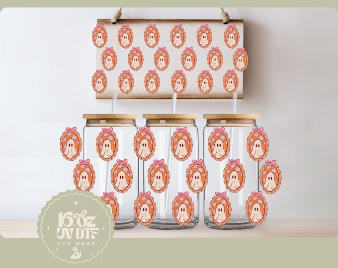 Double Sided UV DTF Cup Wrap | Cute Ghost Stamp, 16oz Cup Wrap | Ready To Apply Cup Wrap, No Heat Needed, Ready To Ship Halloween Cup Decal