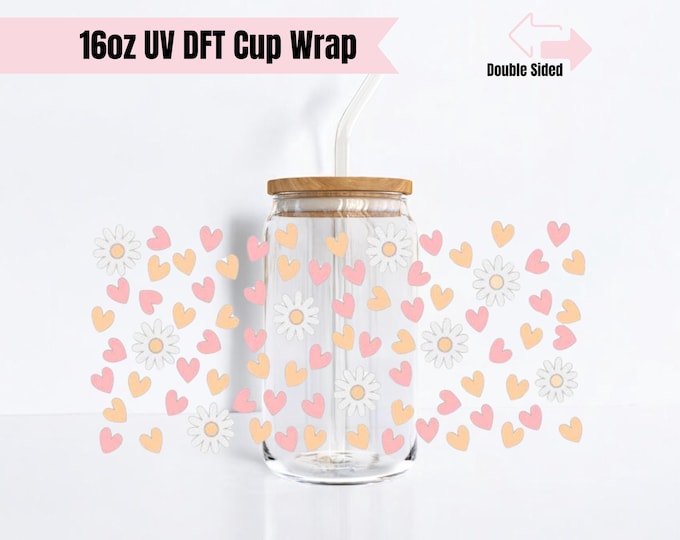Cute Flower 16oz Glass Cup Wrap | Double Sided UV DTF Cup Wrap | Ready to Apply, Durable, Waterproof, Cute Flower Cup Decal, UVDTF Wrap