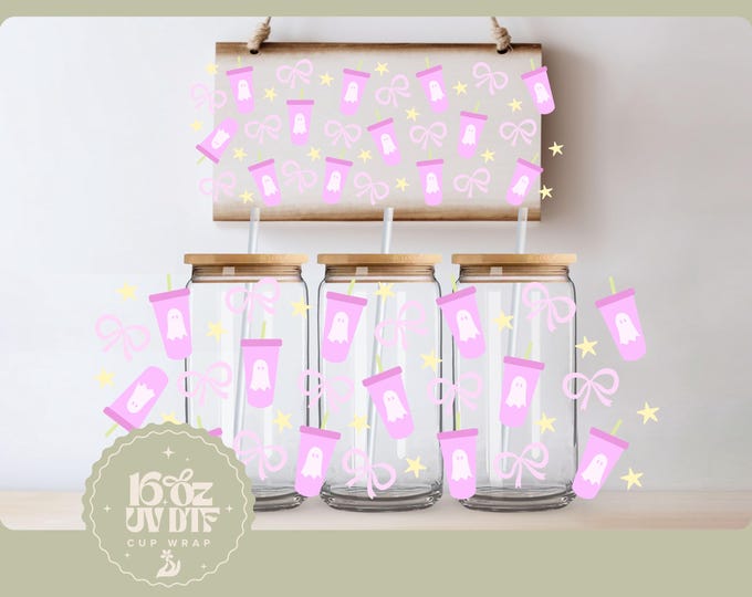 Double Sided UV DTF Cup Wrap | Coquette Ghost Ice Coffee 16oz Cup Wrap | Ready To Apply Halloween Cup Wrap, No Heat Needed, Ready To Ship