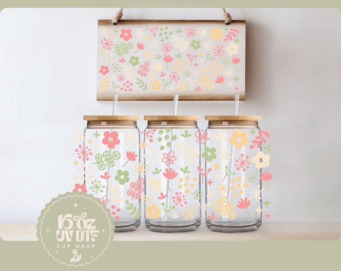 Cute Flower 16oz Glass Cup Wrap | Double Sided UV DTF Cup Wrap | Ready to Apply, Durable, Waterproof, Cute Flower Cup Decal, UVDTF Wrap
