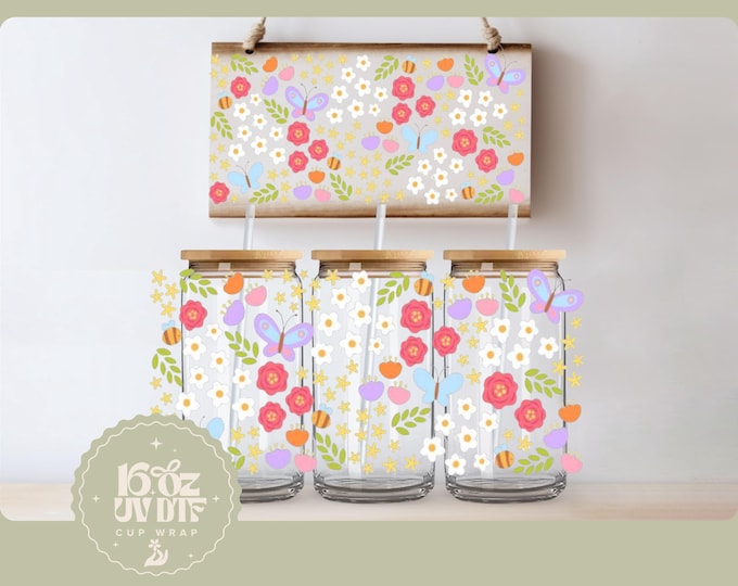 Cute Spring Flower 16oz Glass Cup Wrap | Double Sided UV DTF Cup Wrap | Ready to Apply, Durable, Waterproof, Cute Flower Cup Decal