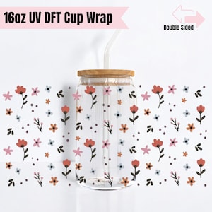 Cute Spring Flower 16oz Glass Cup Wrap | Double Sided UV DTF Cup Wrap | Ready to Apply, Durable, Waterproof, Cute Flower Cup Decal