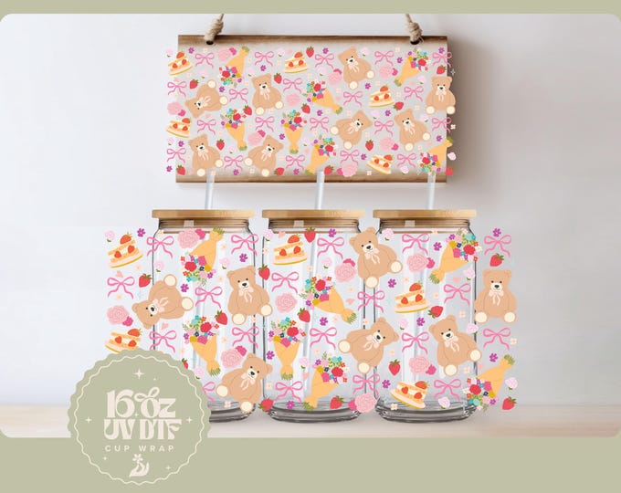 Double Sided UV DTF Cup Wrap | Trendy Teddy Bear 16oz Cup Wrap | No Heat Required, Ready To Apply Cup Wrap, Ready To Ship, Waterproof decals