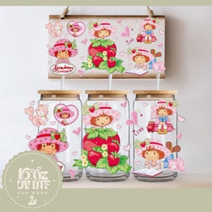 Cute Strawberry Girl 16oz Glass Cup Wrap | Double Sided UV DTF Cup Wrap | Ready to Apply, Durable, Waterproof, strawberry girl Cup Decal