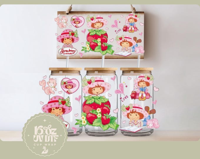 Cute Strawberry Girl 16oz Glass Cup Wrap | Double Sided UV DTF Cup Wrap | Ready to Apply, Durable, Waterproof, strawberry girl Cup Decal