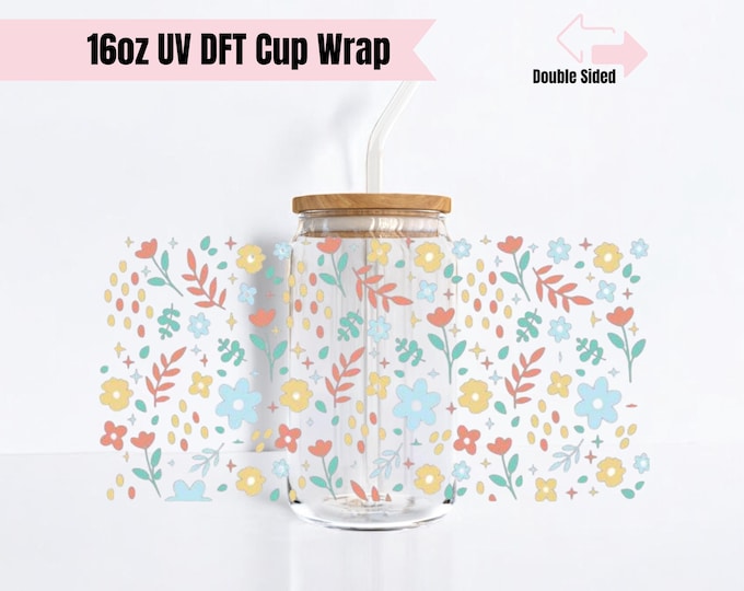 Cute Flower 16oz Glass Cup Wrap | Double Sided UV DTF Cup Wrap | Ready to Apply, Durable, Waterproof, Cute Flower Cup Decal, UVDTF Wrap