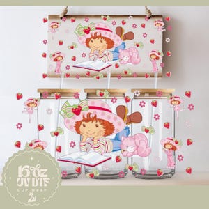 Cute Strawberry Girl 16oz Glass Cup Wrap | Double Sided UV DTF Cup Wrap | Ready to Apply, Durable, Waterproof, strawberry girl Cup Decal
