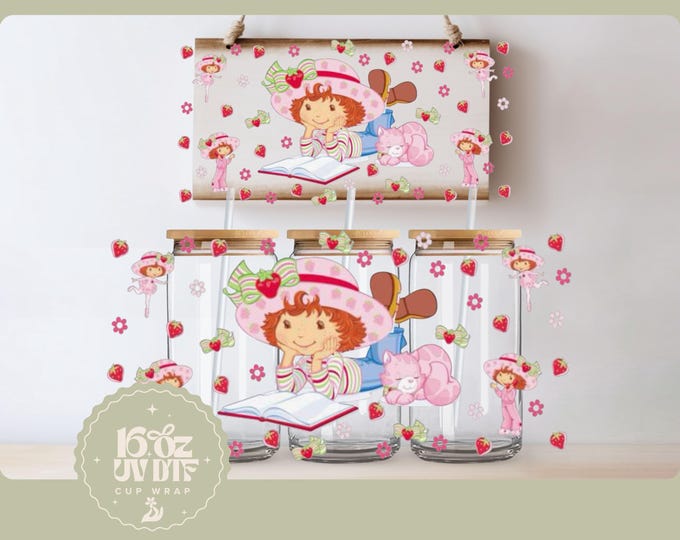 Cute Strawberry Girl 16oz Glass Cup Wrap | Double Sided UV DTF Cup Wrap | Ready to Apply, Durable, Waterproof, strawberry girl Cup Decal