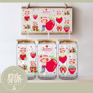Cute Strawberry Girl 16oz Glass Cup Wrap | Double Sided UV DTF Cup Wrap | Ready to Apply, Durable, Waterproof, strawberry girl Cup Decal