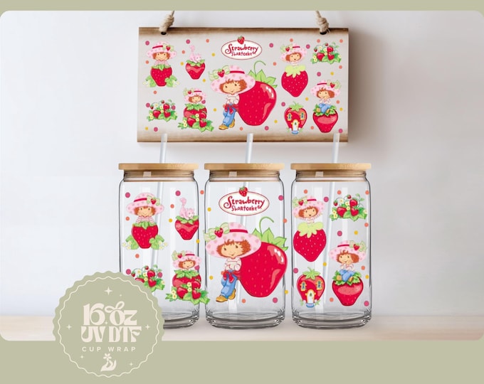 Cute Strawberry Girl 16oz Glass Cup Wrap | Double Sided UV DTF Cup Wrap | Ready to Apply, Durable, Waterproof, strawberry girl Cup Decal