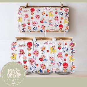 Cute Strawberry Girl 16oz Glass Cup Wrap | Double Sided UV DTF Cup Wrap | Ready to Apply, Durable, Waterproof, strawberry girl Cup Decal