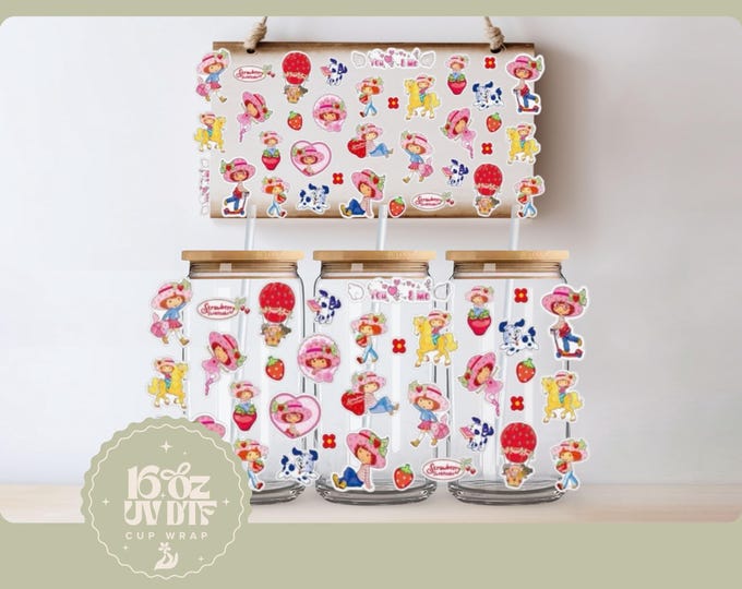 Cute Strawberry Girl 16oz Glass Cup Wrap | Double Sided UV DTF Cup Wrap | Ready to Apply, Durable, Waterproof, strawberry girl Cup Decal