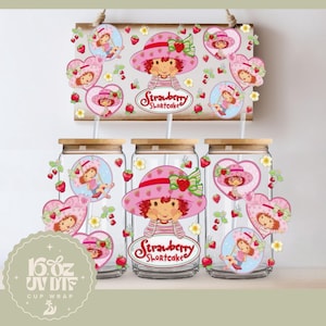 Cute Strawberry Girl 16oz Glass Cup Wrap | Double Sided UV DTF Cup Wrap | Ready to Apply, Durable, Waterproof, strawberry girl Cup Decal