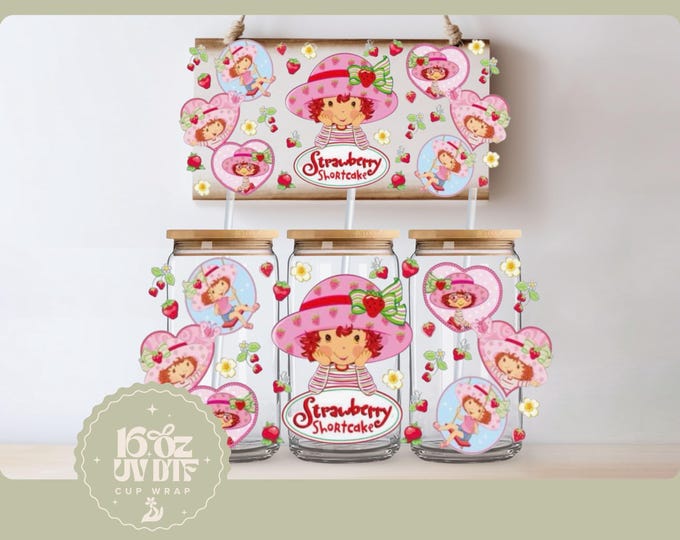 Cute Strawberry Girl 16oz Glass Cup Wrap | Double Sided UV DTF Cup Wrap | Ready to Apply, Durable, Waterproof, strawberry girl Cup Decal