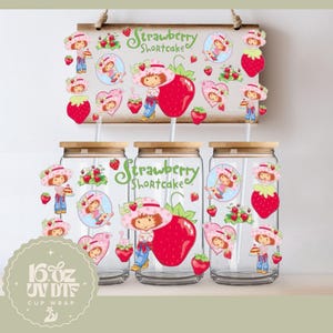 Cute Strawberry Girl 16oz Glass Cup Wrap | Double Sided UV DTF Cup Wrap | Ready to Apply, Durable, Waterproof, strawberry girl Cup Decal