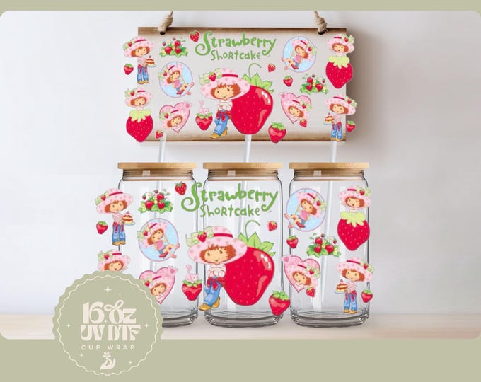 Cute Strawberry Girl 16oz Glass Cup Wrap | Double Sided UV DTF Cup Wrap | Ready to Apply, Durable, Waterproof, strawberry girl Cup Decal