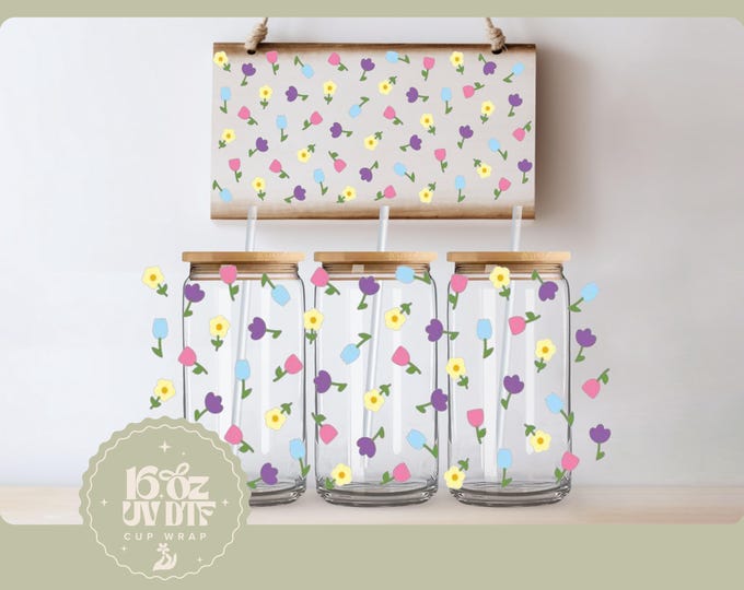 Cute Flower 16oz Glass Cup Wrap | Double Sided UV DTF Cup Wrap | Ready to Apply, Durable, Waterproof, Cute Flower Cup Decal, UVDTF Wrap