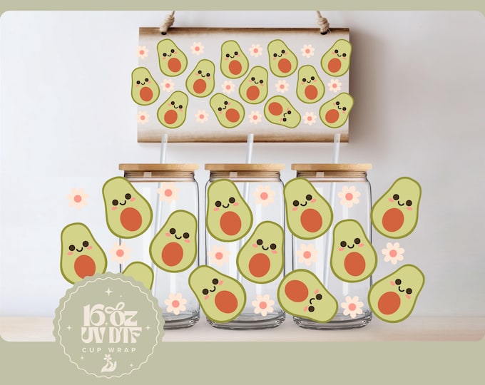 Double Sided UV DTF Cup Wrap | Cute Floral Avocado, 16oz Cup Wrap | Ready To Apply Foodie Cup Wrap, Waterproof, Ready To Ship Foodie Gift