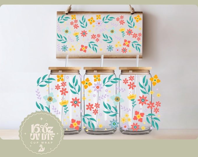 Cute Flower 16oz Glass Cup Wrap | Double Sided UV DTF Cup Wrap | Ready to Apply, Durable, Waterproof, Cute Flower Cup Decal, UVDTF Wrap