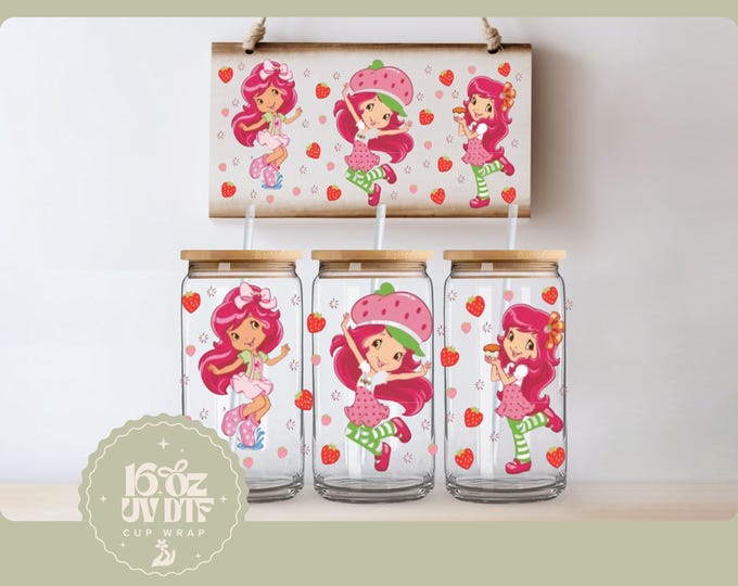 Cute Strawberry Girl 16oz Glass Cup Wrap | Double Sided UV DTF Cup Wrap | Ready to Apply, Durable, Waterproof, Strawberry girl Cup Decal