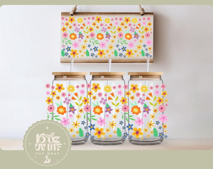 Spring Flower 16oz Glass Cup Wrap | Double Sided UV DTF Cup Wrap | Ready to Apply, Durable, Waterproof, Cute Flower Cup Decal, UVDTF Wrap