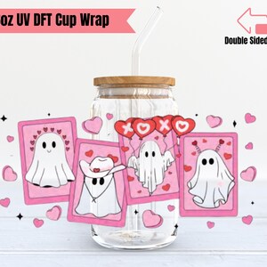 Valentine Ghost Cup Wrap | Double Sided UV DTF Cup Wrap | 16oz Glass Cup Wrap | Ready to Apply, Durable, Waterproof, Ready To Ship Cup Decal