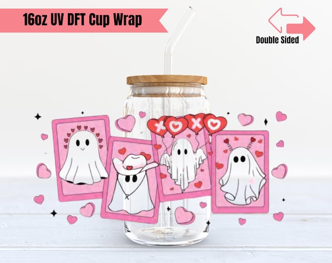 Valentine Ghost Cup Wrap | Double Sided UV DTF Cup Wrap | 16oz Glass Cup Wrap | Ready to Apply, Durable, Waterproof, Ready To Ship Cup Decal
