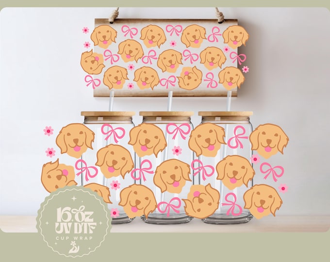 Double Sided UV DTF Cup Wrap | Coquette Golden Retriever 16oz Cup Wrap | Ready To Apply, No Heat Needed, Ready To Ship Dog Lover Gifts