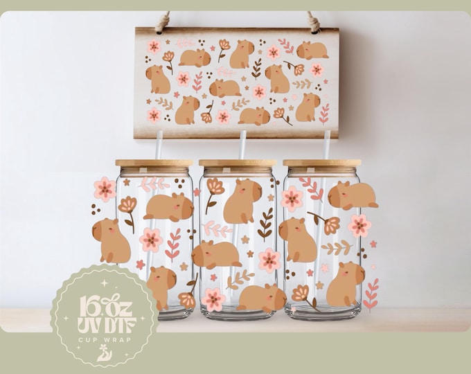 Cute Capybara 16oz Glass Cup Wrap | Double Sided UV DTF Cup Wrap | Ready to Apply, Durable, Waterproof, Cute Capybara Cup Decal, UVDTF Wrap