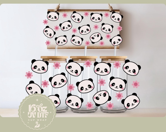 Double Sided UV DTF Cup Wrap | Cute Kawaii Panda 16oz Cup Wrap | Ready To Apply, Waterproof, No Heat Needed, Ready To Ship Animal Lover Gift