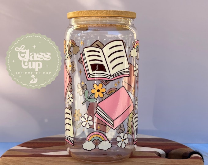 Bookish Glass Iced Coffee Cup: 16oz Glass Cup With Bamboo Lid & Glass Straw, Book Lover Gift, Best Friend Gift,