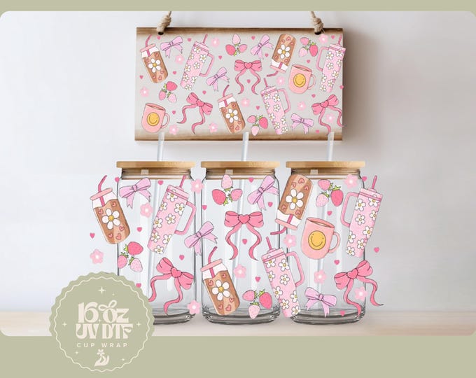 Cute Coquette Stanley Girly 16oz Glass Cup Wrap | Double Sided UV DTF Cup Wrap | Ready to Apply, Durable, Waterproof, Coffee Lover Cup Decal