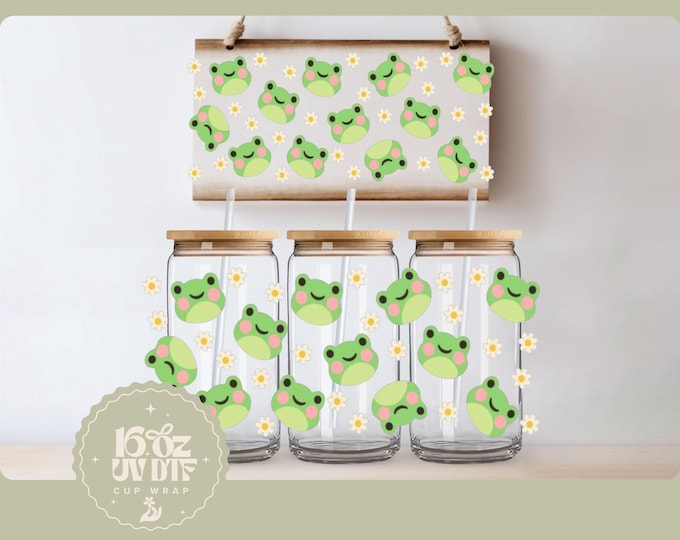 Cute Frog Cup Wrap | Double Sided UV DTF Cup Decal | 16oz Glass Cup Wrap | Ready to Apply, Durable, Waterproof, Ready To Ship Cup Decal