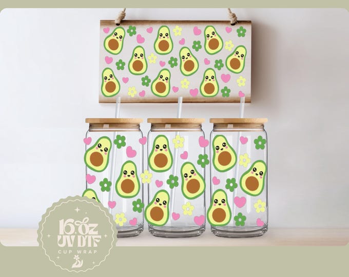 Cute Avocado Cup Decal | Double Sided UV DTF Cup Wrap | 16oz Glass Cup Wrap | Ready to Apply, Durable, Waterproof, Ready To Ship Cup Decal