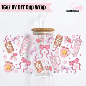 Cute Coquette Stanley Girly 16oz Glass Cup Wrap | Double Sided UV DTF Cup Wrap | Ready to Apply, Durable, Waterproof, Coffee Lover Cup Decal