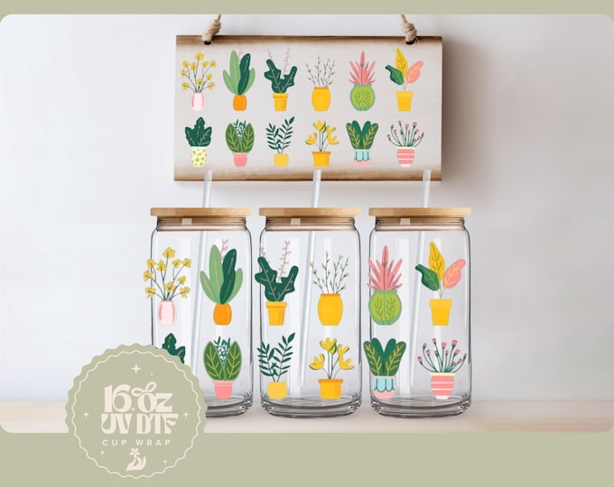Cute Plant Lover 16oz Glass Cup Wrap | Double Sided UV DTF Cup Wrap | Ready to Apply, Durable, Waterproof, Cute Flower Cup Decal, UVDTF Wrap
