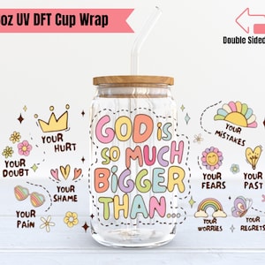 Cute Christian Cup Wrap | Double Sided UV DTF Cup Wrap | 16oz Glass Cup Wrap | Ready to Apply, Durable, Waterproof, Ready To Ship Cup Decal