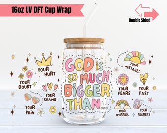 Cute Christian Cup Wrap | Double Sided UV DTF Cup Wrap | 16oz Glass Cup Wrap | Ready to Apply, Durable, Waterproof, Ready To Ship Cup Decal