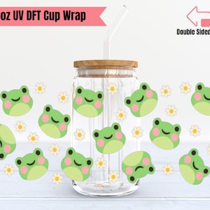 Cute Frog Cup Wrap | Double Sided UV DTF Cup Decal | 16oz Glass Cup Wrap | Ready to Apply, Durable, Waterproof, Ready To Ship Cup Decal