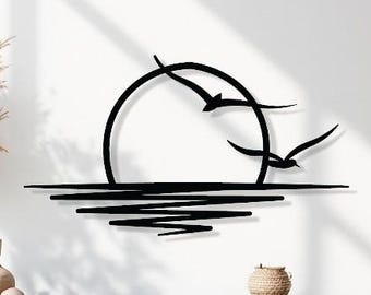 Sun Sparkle, Sunrise Metal Wall Art, Sun and Seagulls Decor, Minimalist Sunset Wall Hanging, Above Bed Decor, Modern Home Decor,Gift for Mom