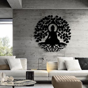 Art mural en métal arbre de vie bouddha, décoration spirituelle de salle de yoga zen pour espace de méditation ou salon, cadeau sculpture murale bohème, mur en métal