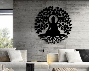Buddha Tree of Life Metal Wall Art, Spiritual Zen Yoga Room Decor for Meditation Space or Living Room Boho Wall Sculpture Gift, Metal Wall