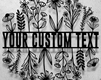 Custom Wildflower Metal Name Sign, Personalized Family Welcome Decor